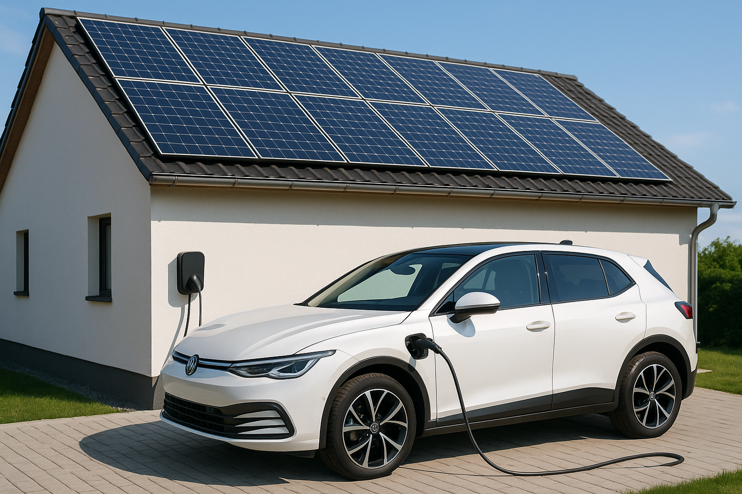 erstelle ein bild von einem fahrzeug das an einem haus steht und pv strom lädt