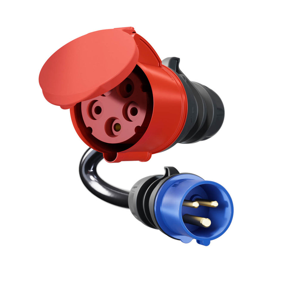 Adapter go-e Charger Gemini flex 22 kW auf CEE blau 16 A, Detailansicht Kupplung und Stecker